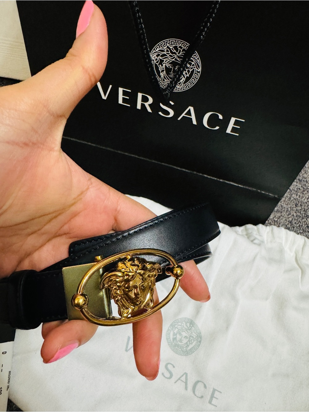Versace Black Leather Belt with Gold Medusa Oval Buckle